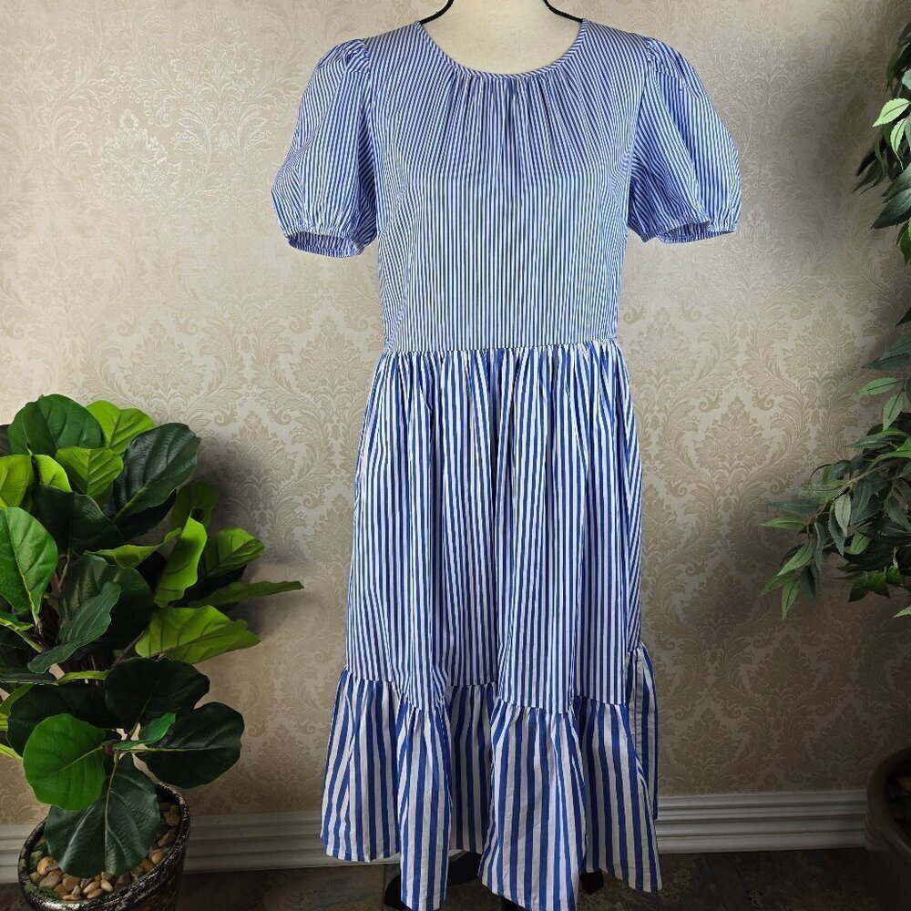 J Crew Size 6 Blue White Striped Tiered Cotton Dress Puffy Sleeves Round Neck